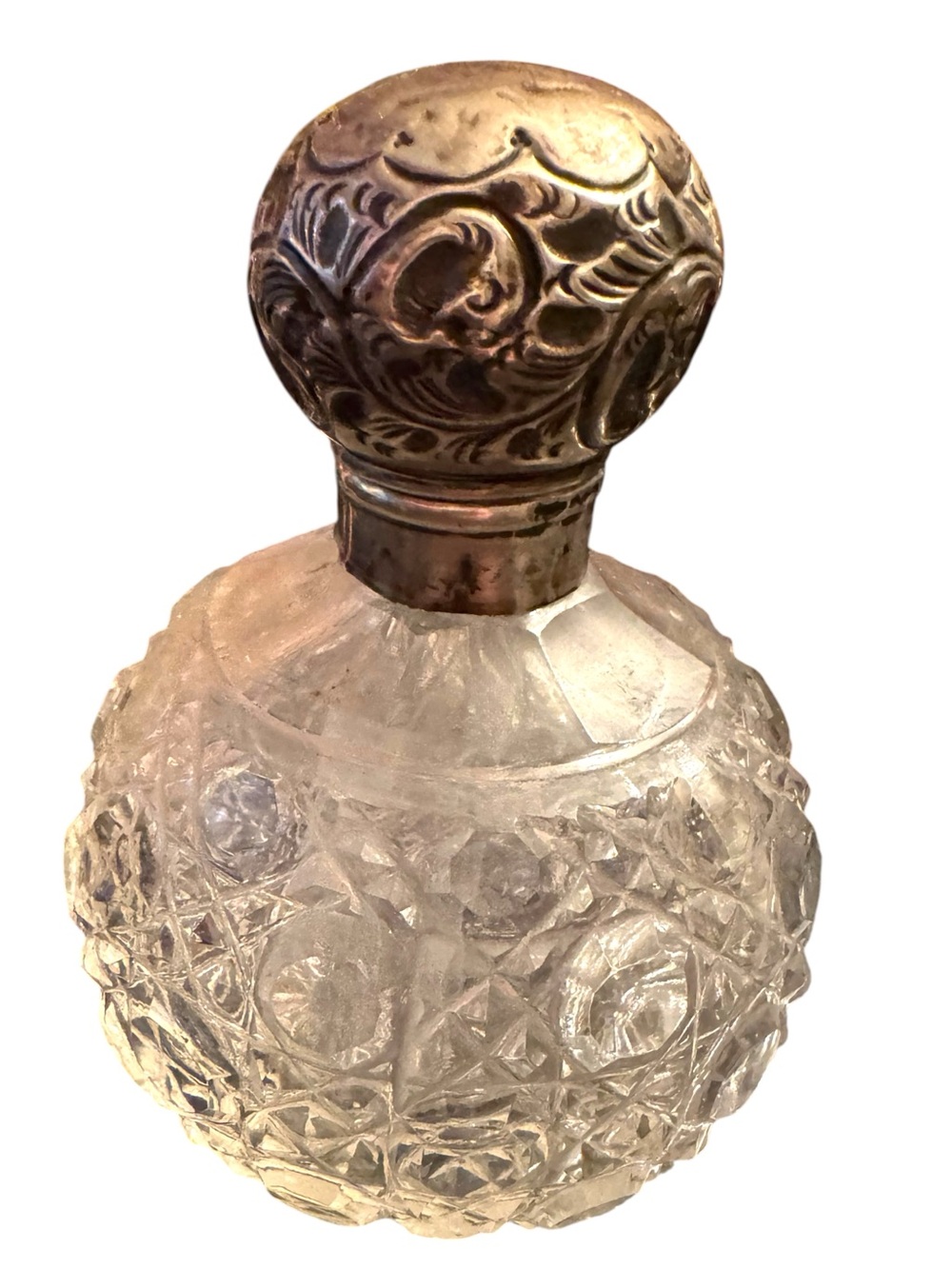 Antique Etched Glass Perfume Bottle with Ornate Sterling Metal Stopper - Clear
